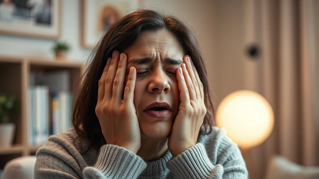 A person experiencing emotional breakthrough during therapy, hands to face, profound relief expression, therapeutic office environment, warm compassionate lighting, photorealistic authentic emotion