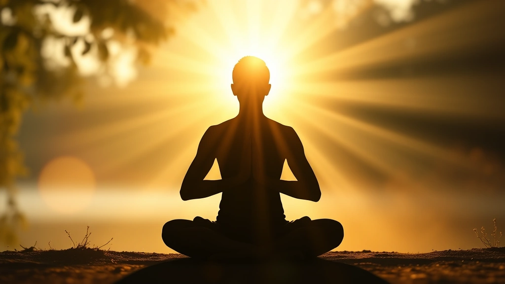 Silhouette of person meditating in lotus position with ethereal light rays, peaceful natural background, warm glowing ambiance, abstract representation of consciousness and inner peace, photorealistic meditation visualization