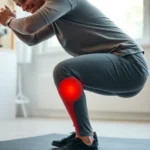 Professional physical therapist demonstrating proper squat mechanics with patient in clinic, showing knee alignment and hip positioning, natural lighting, therapeutic environment
