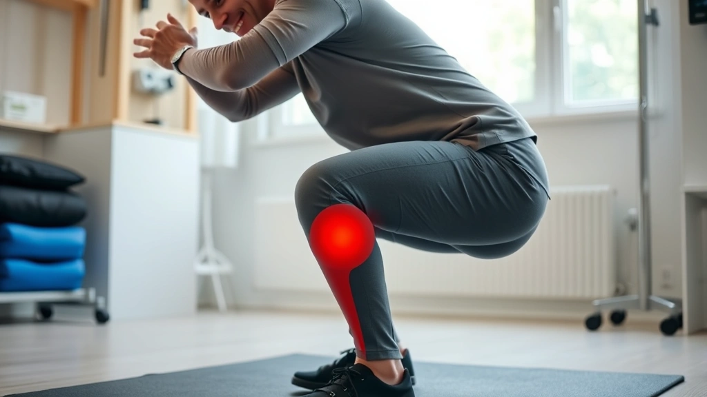 Professional physical therapist demonstrating proper squat mechanics with patient in clinic, showing knee alignment and hip positioning, natural lighting, therapeutic environment