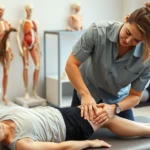 Physical therapist performing manual therapy on patient's knee, showing hands-on treatment techniques in clinical setting with anatomical models visible in background