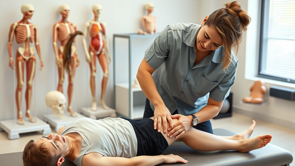Physical therapist performing manual therapy on patient's knee, showing hands-on treatment techniques in clinical setting with anatomical models visible in background