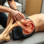 Physical therapist performing comprehensive knee and hip assessment on patient lying supine in clinical setting, using hands-on palpation techniques, professional medical environment, detailed anatomical focus