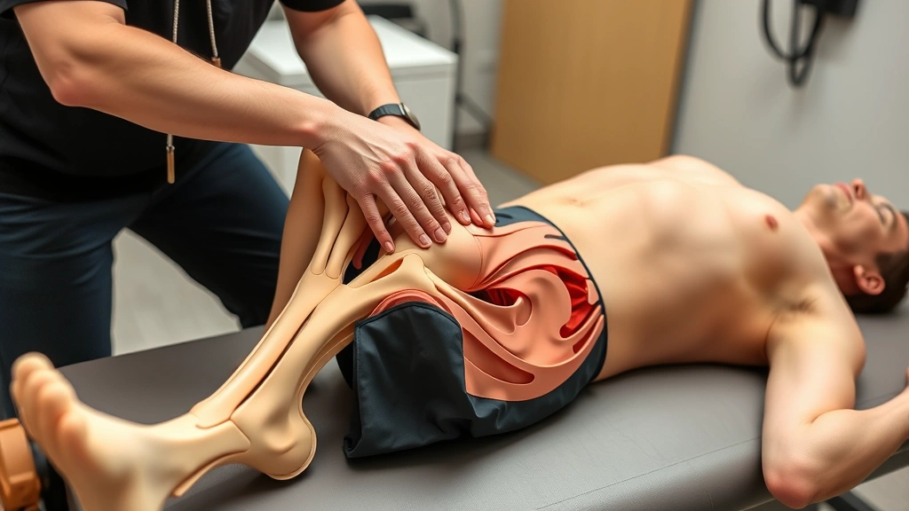 Physical therapist performing comprehensive knee and hip assessment on patient lying supine in clinical setting, using hands-on palpation techniques, professional medical environment, detailed anatomical focus