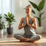 Person in meditation pose on yoga mat, peaceful expression, soft natural lighting, serene indoor environment with plants, photorealistic
