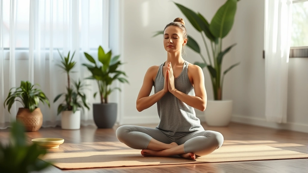 Person in meditation pose on yoga mat, peaceful expression, soft natural lighting, serene indoor environment with plants, photorealistic