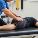 Physical therapist performing hip abductor strength assessment on patient lying on side, clinical rehabilitation setting with resistance band visible, professional medical environment