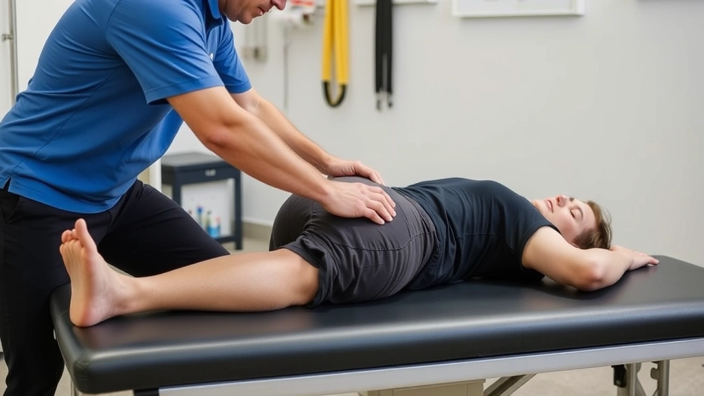 Physical therapist performing hip abductor strength assessment on patient lying on side, clinical rehabilitation setting with resistance band visible, professional medical environment