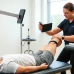 Physical therapist performing knee assessment on patient in bright clinical setting, evaluating patellar tracking and knee mechanics with professional equipment