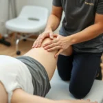 Physical therapist performing manual therapy on patient's knee during treatment session, showing hands-on soft tissue mobilization technique, clinical setting with therapy equipment visible in background