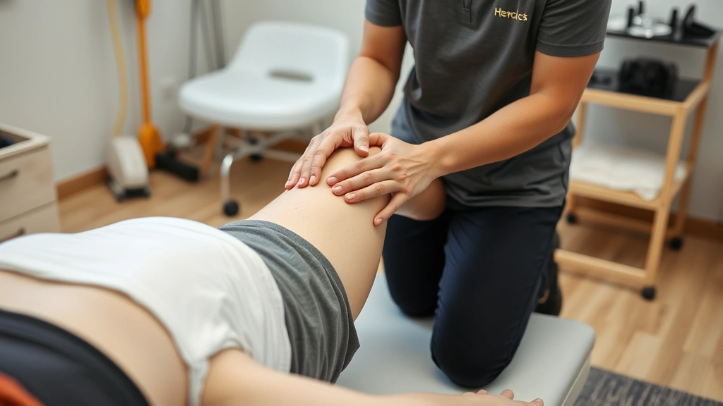 Physical therapist performing manual therapy on patient's knee during treatment session, showing hands-on soft tissue mobilization technique, clinical setting with therapy equipment visible in background