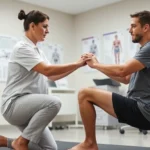 Physical therapist assessing patient knee alignment during single-leg squat test in bright clinical setting with anatomical charts visible in background