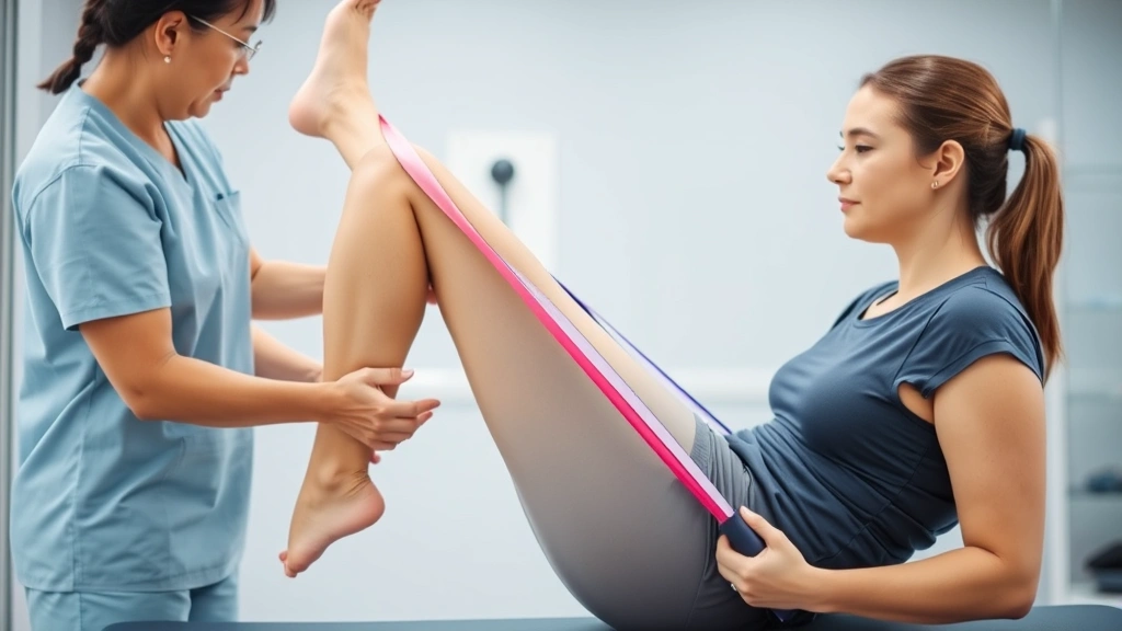 Physical therapist demonstrating hip strengthening exercise with resistance band on female patient in bright clinical setting, professional medical environment, detailed form correction