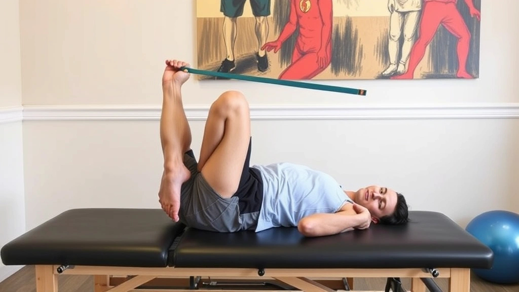 Patient performing resistance band hip abduction exercise on treatment table, therapeutic setting, focusing on proper form and muscle engagement