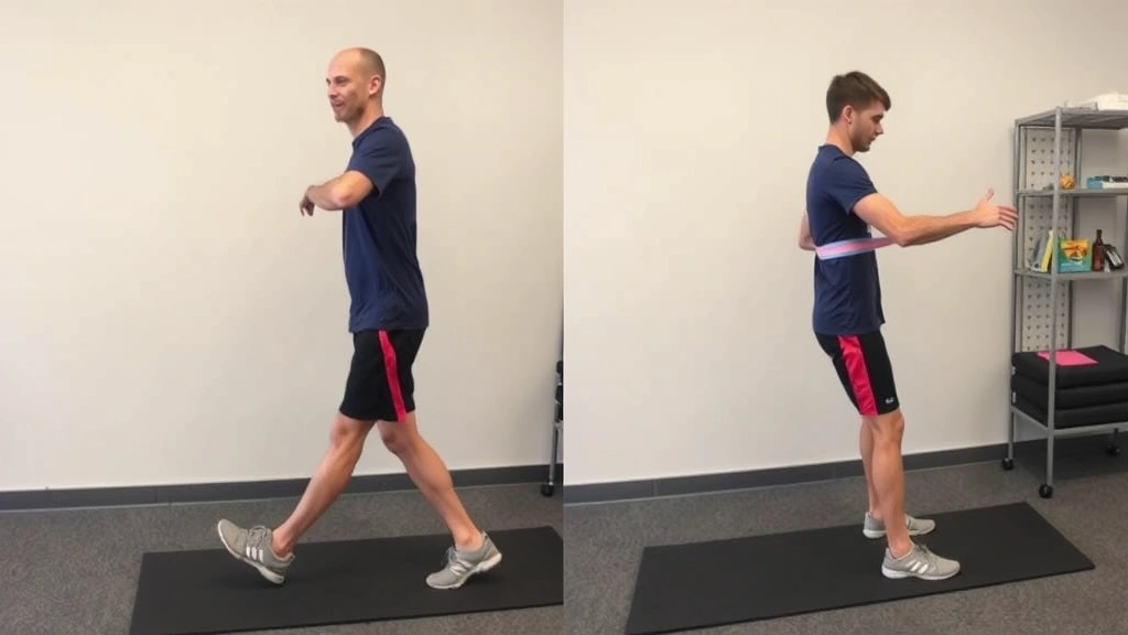 Patient demonstrating lateral band walk exercise for gluteus medius activation, showing proper knee alignment and hip stability during functional movement pattern