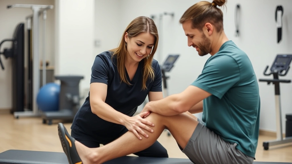 Physical therapist assisting patient with knee rehabilitation exercise, both focused and engaged, clinical setting with exercise equipment visible, professional atmosphere