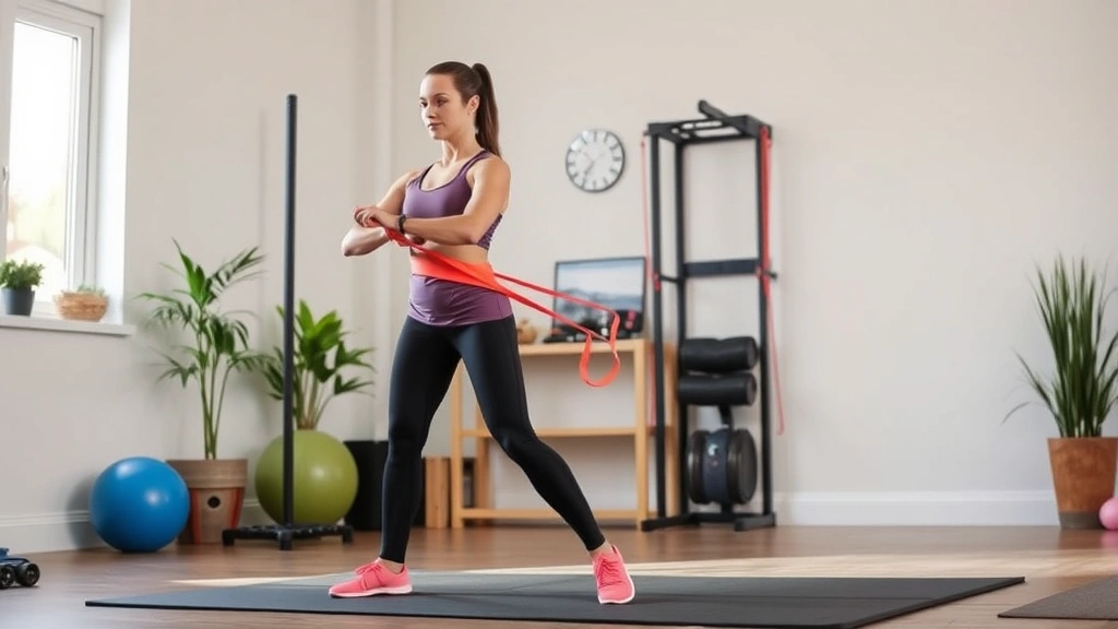Athletic woman performing lateral band walks exercise with resistance band around legs in home gym environment, demonstrating proper hip strengthening form
