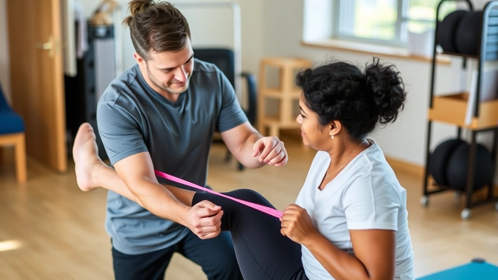 Physical therapist guiding patient through knee strengthening exercise with resistance band, focused concentration, clinical rehabilitation setting, natural lighting, no instructional text visible