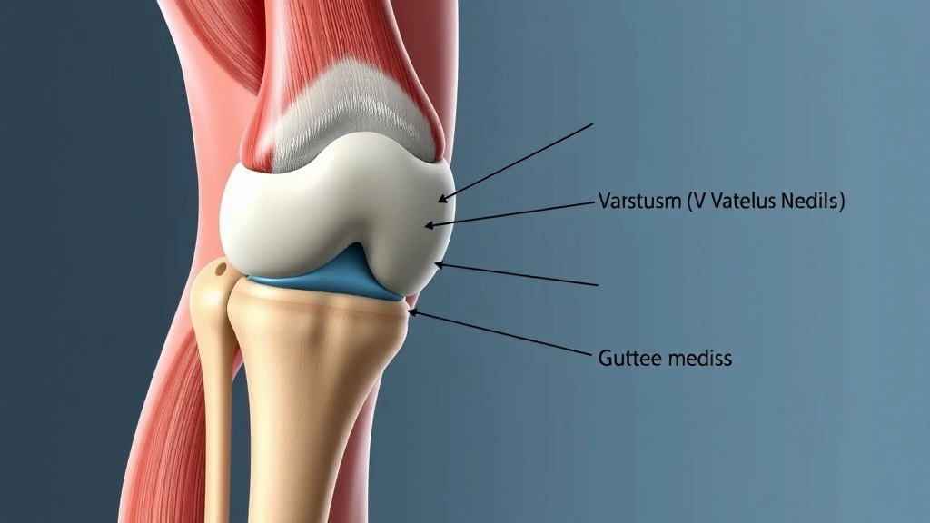 Anatomical view of knee joint showing patella tracking mechanics with color-coded muscle groups highlighting vastus medialis and gluteus medius, clean medical illustration style with realistic tissues