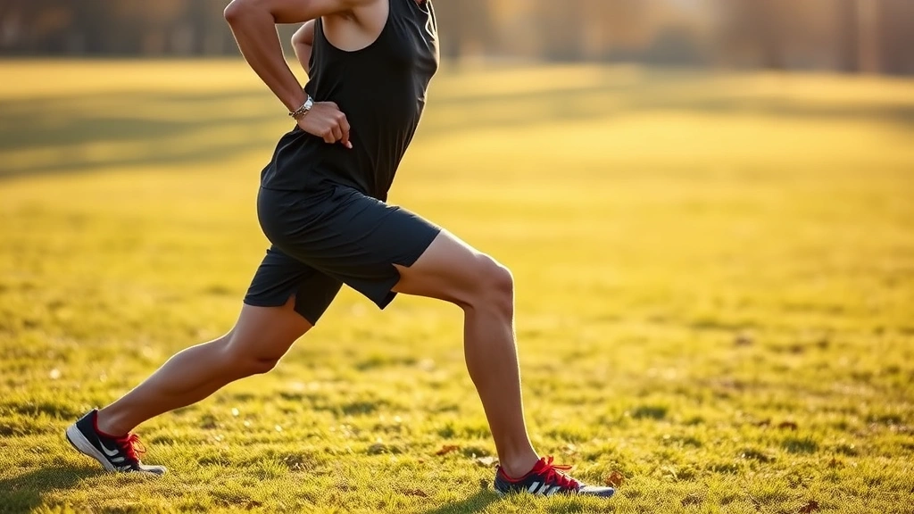 Male runner performing dynamic stretching with hip flexor lunge on grass field, morning sunlight, demonstrating proper form and flexibility work