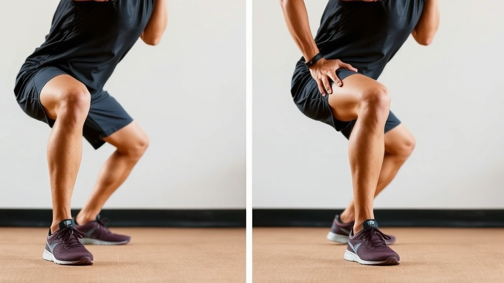 Runner demonstrating proper knee alignment during squat movement, side view showing hip and knee mechanics, athletic training environment with neutral background