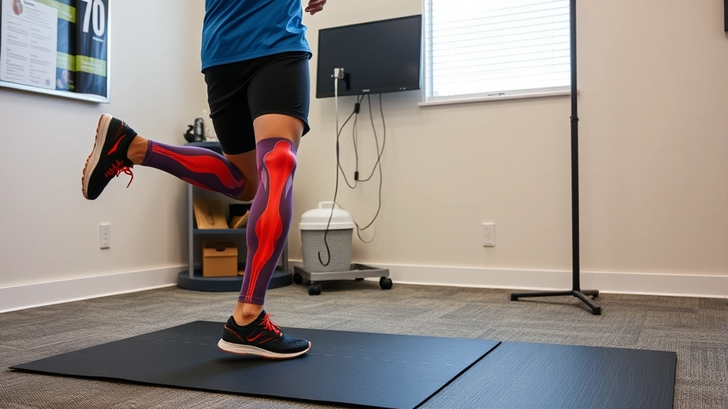 Runner's lower body in motion during gait analysis, showing leg alignment and knee tracking mechanics during running, professional physical therapy clinic environment