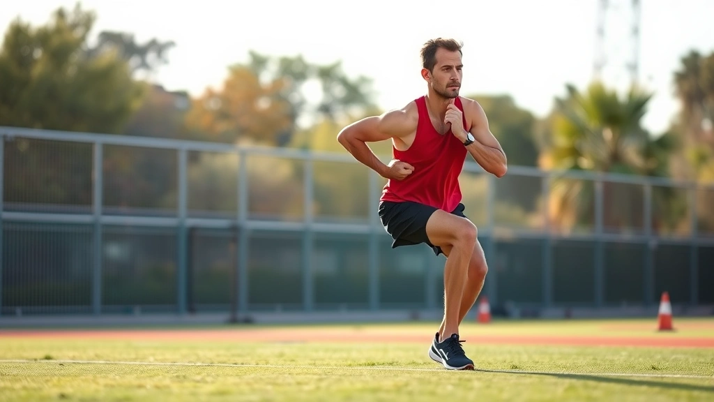 Runner performing single-leg squat with excellent form, demonstrating knee alignment and hip stability during functional movement, outdoor athletic setting with natural lighting, movement quality emphasis
