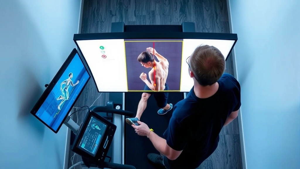 Overhead view of physical therapist analyzing running gait using video analysis technology, athlete in motion on treadmill with movement markers visible, clinical biomechanics assessment