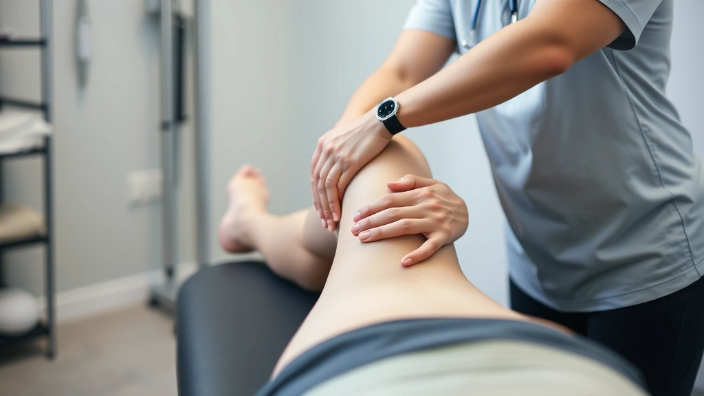 Therapist conducting manual soft tissue mobilization on patient's quadriceps muscle, hands-on therapy technique, clinical setting with proper lighting