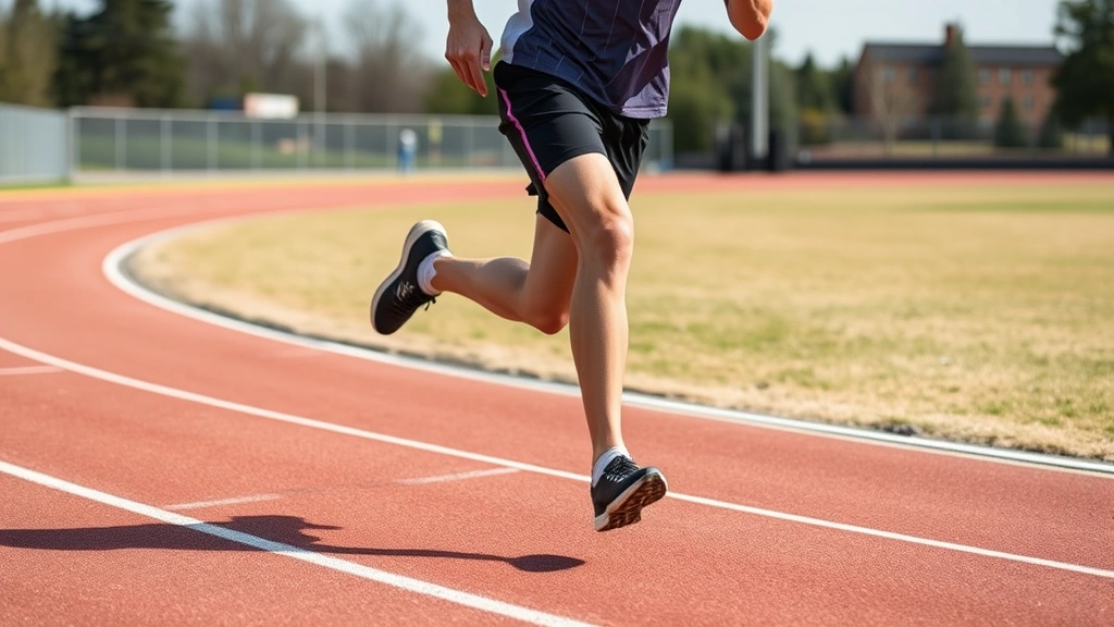 Runner sprinting on outdoor track showing proper knee alignment and leg mechanics during athletic movement, demonstrating correct form after physical therapy recovery