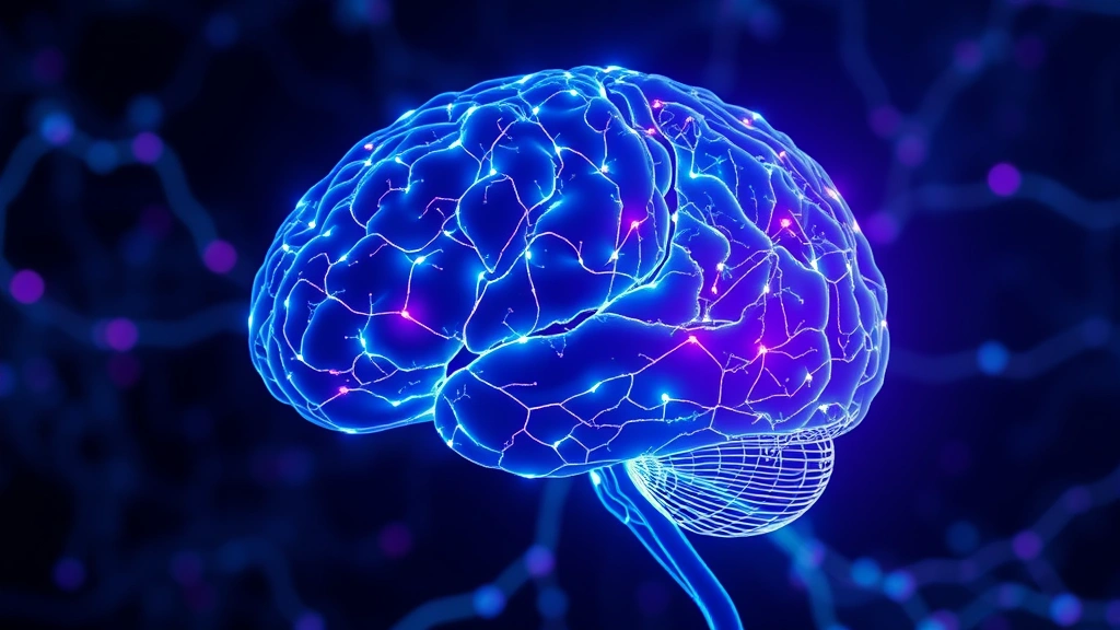 Brain imaging visualization showing neural pathways and connections glowing with blue and purple light, abstract scientific representation of neuroplasticity, no labels or text overlays