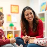 Young pediatric speech-language pathologist conducting therapy session with smiling 5-year-old child in bright, welcoming clinic room with colorful educational toys and speech therapy materials on shelves, both engaged and happy, natural lighting