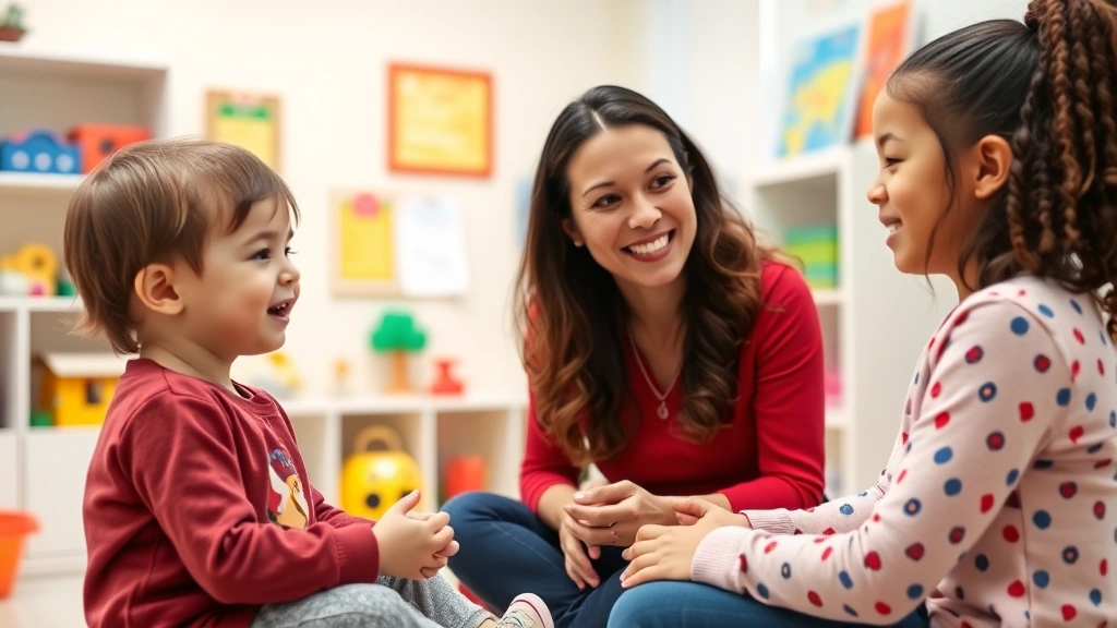 Young pediatric speech-language pathologist conducting therapy session with smiling 5-year-old child in bright, welcoming clinic room with colorful educational toys and speech therapy materials on shelves, both engaged and happy, natural lighting