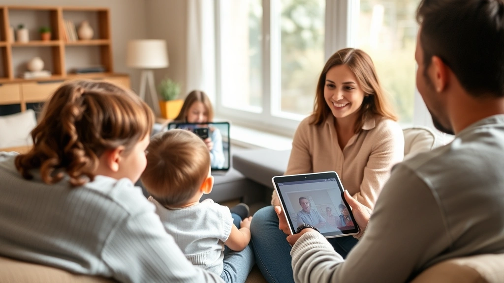 Parent and child sitting together with speech therapist during telehealth session visible on tablet screen, home setting with comfortable furniture, warm natural light, showing family-centered therapy approach, child and parent both visible and engaged