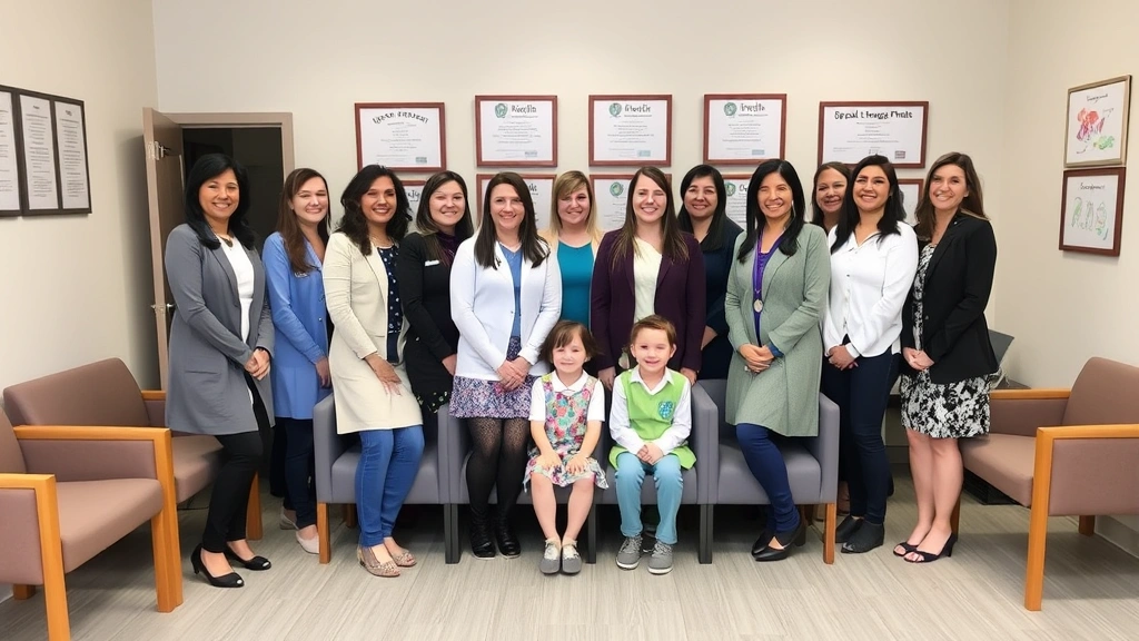 Diverse group of speech-language pathologists in professional attire in modern clinic waiting area with comfortable seating, certificates on walls, welcoming atmosphere with children's artwork, representing quality pediatric therapy environment