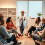 Professional mental health counselor leading a supportive group therapy session in a modern, bright clinical setting with diverse participants sitting in a circle, warm lighting, calm atmosphere