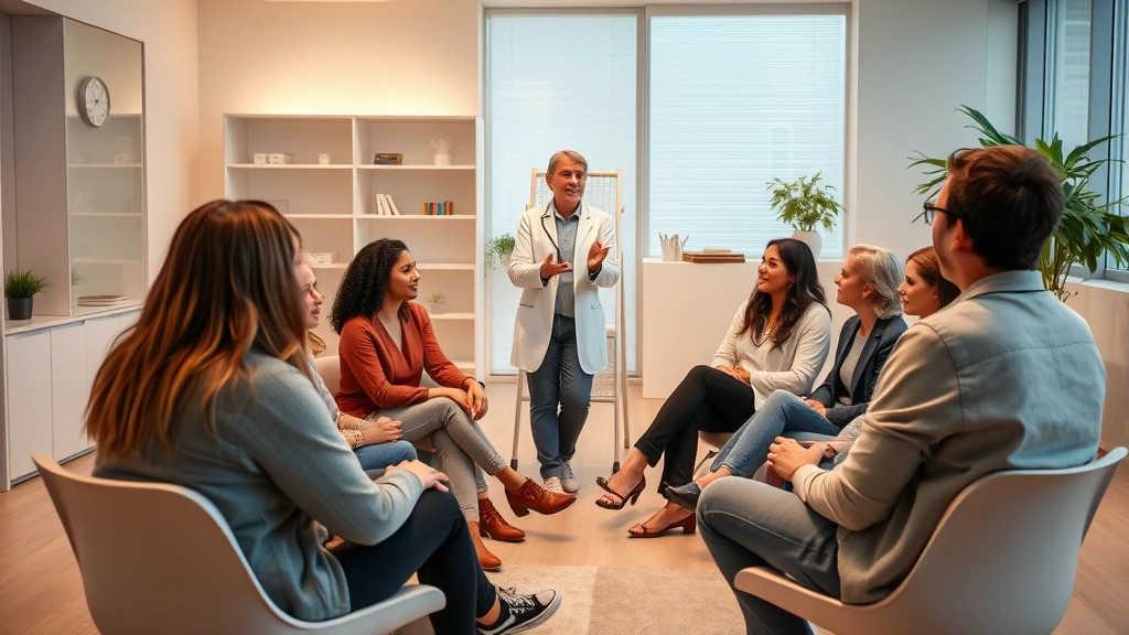Professional mental health counselor leading a supportive group therapy session in a modern, bright clinical setting with diverse participants sitting in a circle, warm lighting, calm atmosphere