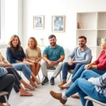 Diverse group of adults sitting in a circle during a supportive therapy session in a bright, welcoming clinical room with natural light, professional therapeutic environment