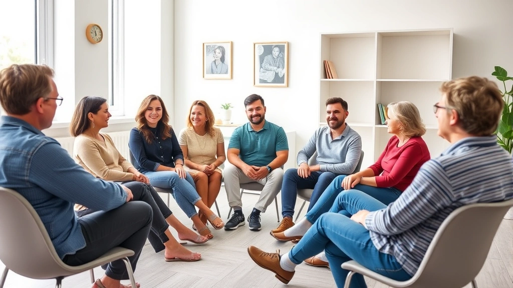 Diverse group of adults sitting in a circle during a supportive therapy session in a bright, welcoming clinical room with natural light, professional therapeutic environment