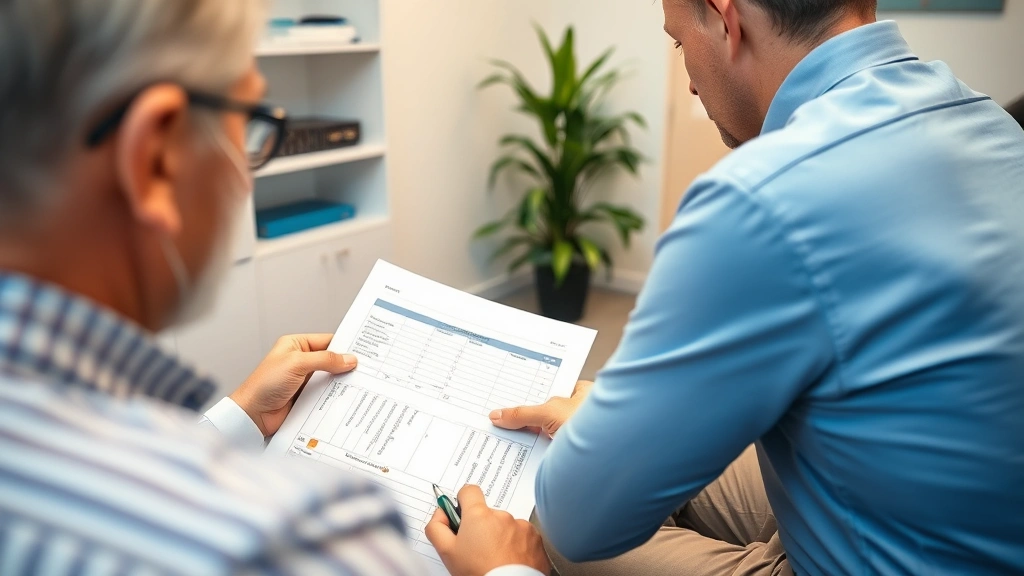 Close-up of a patient and psychiatrist reviewing treatment progress charts and psychiatric assessments during a medication management session in a clinical office, focused and professional