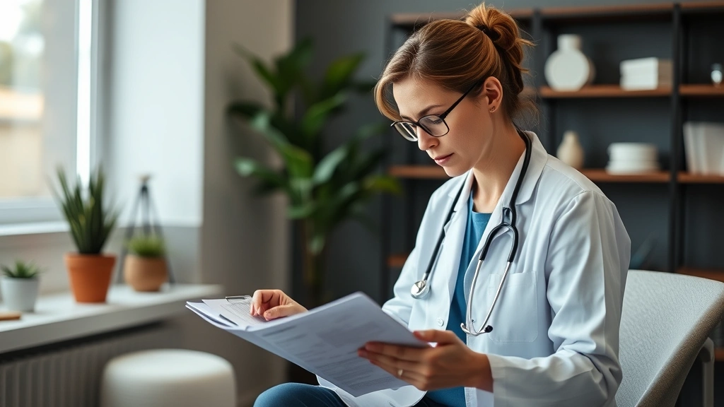 Mental health clinician reviewing treatment progress notes with a thoughtful expression, modern medical office with calming decor, evidence-based care documentation visible