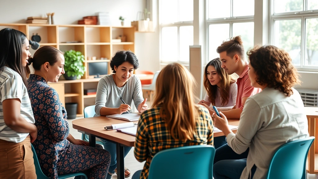 Diverse group of individuals participating in a structured therapeutic workshop or skill-building exercise in a PHP program facility, engaged and collaborative, natural daylight