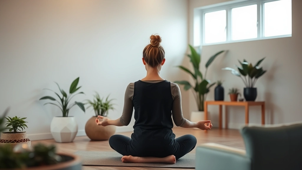 Individual practicing mindfulness meditation in a peaceful wellness room, serene therapeutic setting with soft lighting, plants, and comfortable seating, healing environment