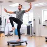 Person performing dynamic balance exercise on unstable surface in bright physical therapy clinic with modern equipment, focused expression showing concentration and effort