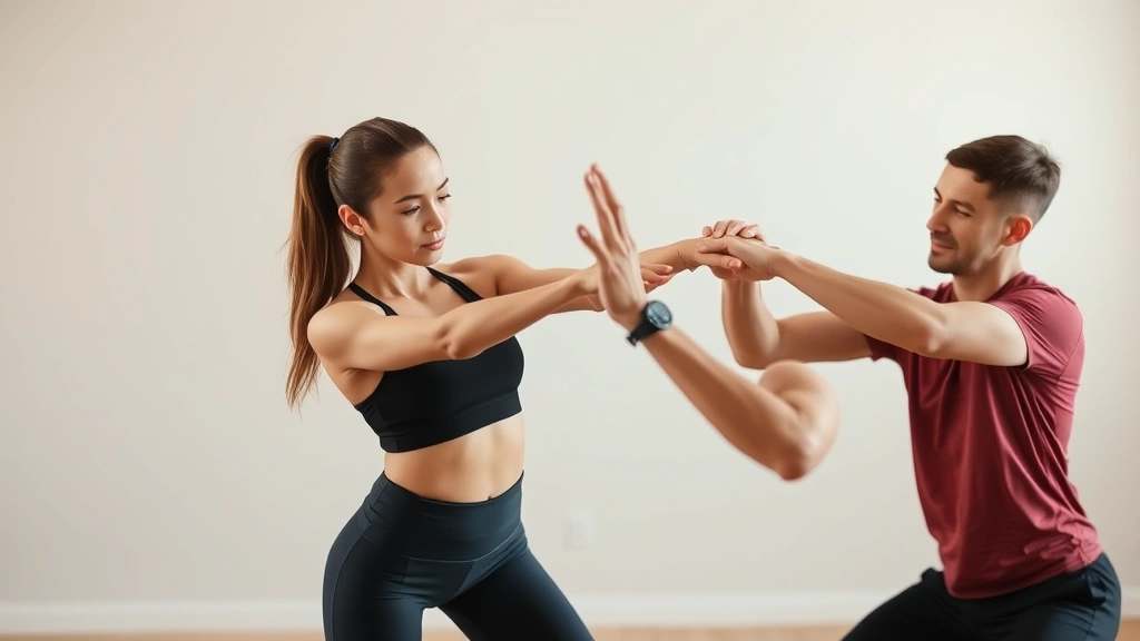 Close-up of therapist analyzing client's movement pattern during functional exercise, both wearing athletic attire in minimalist therapy room with neutral background