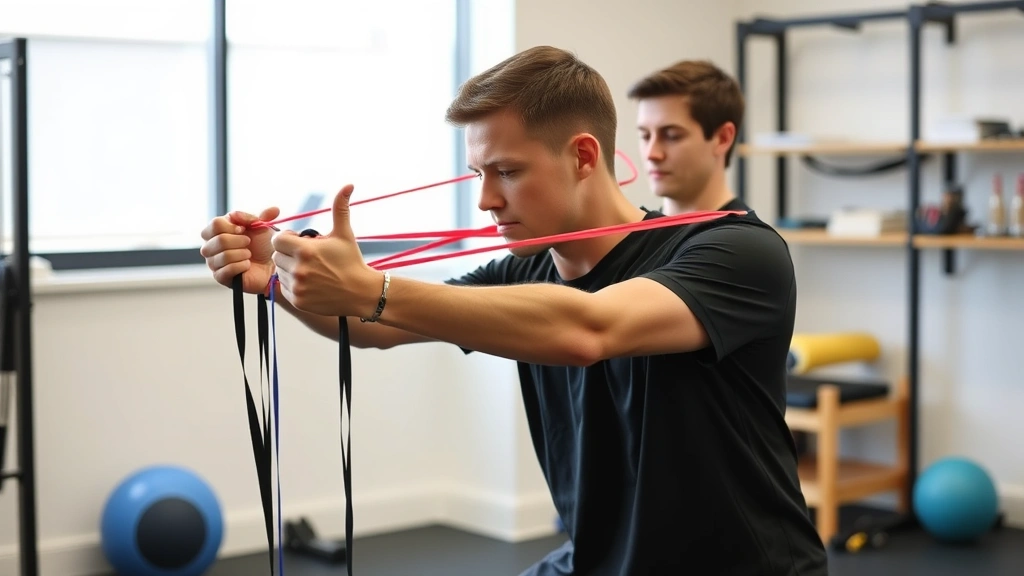 Individual engaged in complex coordinated movement pattern with resistance bands, demonstrating controlled motion and concentration in professional rehabilitation setting