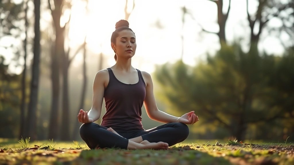 Person meditating peacefully in serene natural setting with soft sunlight filtering through trees, calm expression, cross-legged position, minimalist background, professional photography, stress relief visualization