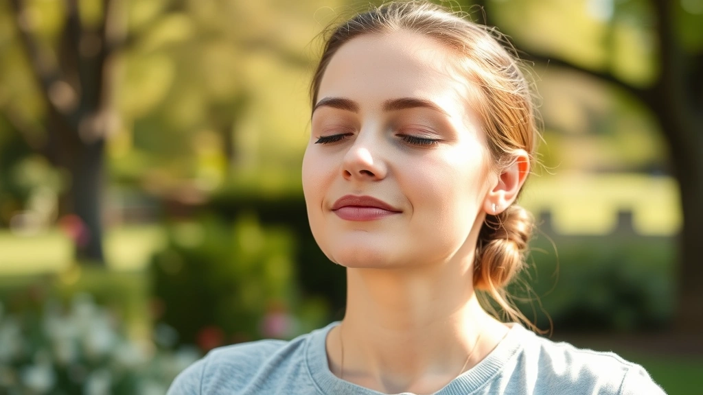 Individual practicing mindfulness outdoors with eyes closed, gentle facial expression, natural daylight, peaceful garden or park setting, authentic wellness moment captured, emotional well-being representation