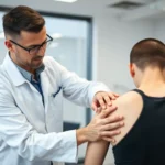 Professional physical therapist performing manual therapy on patient's shoulder in modern clinic with natural lighting, showing therapeutic technique in progress
