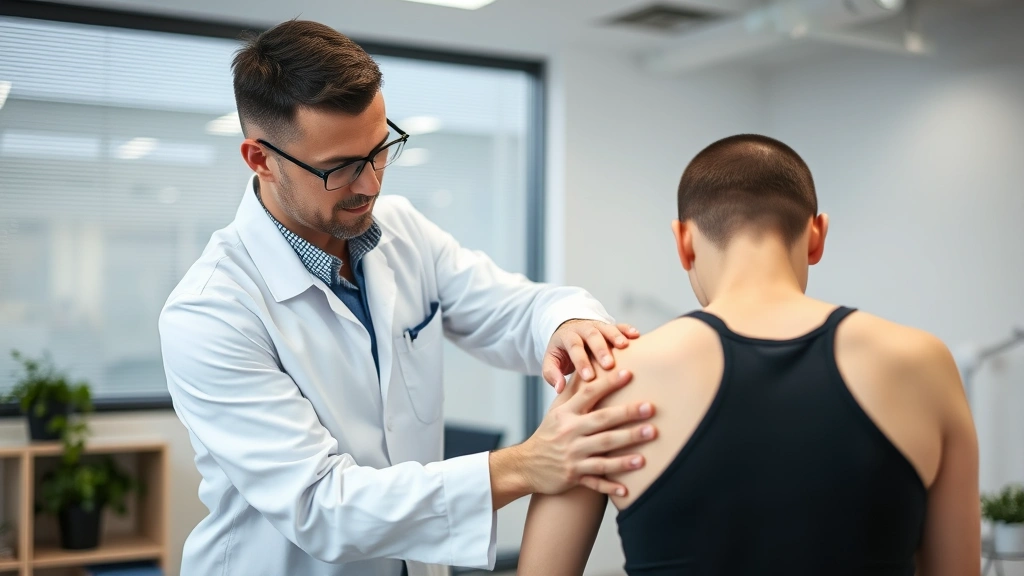 Professional physical therapist performing manual therapy on patient's shoulder in modern clinic with natural lighting, showing therapeutic technique in progress